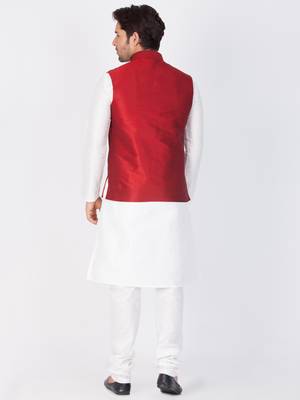 Men White Cotton Silk Kurta Modi Jacket And Pyjama Set 4