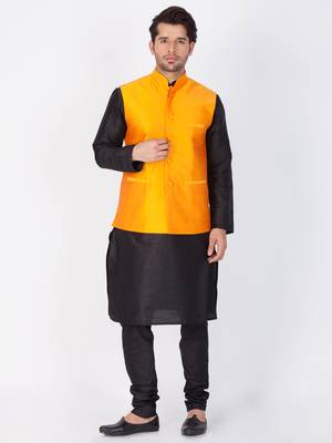 Men Black Cotton Silk Kurta Modi Jacket And Pyjama Set 1