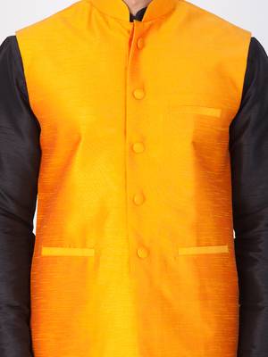 Men Black Cotton Silk Kurta Modi Jacket And Pyjama Set 2