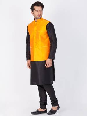 Men Black Cotton Silk Kurta Modi Jacket And Pyjama Set 3