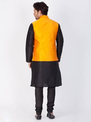 Men Black Cotton Silk Kurta Modi Jacket And Pyjama Set 4