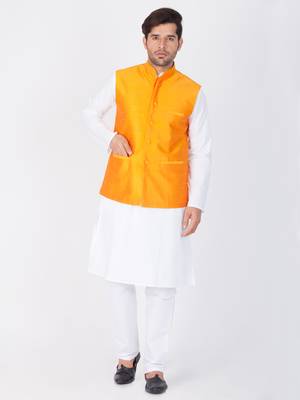 Men White Cotton Kurta Modi Jacket And Pyjama Set 1