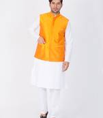 Men White Cotton Kurta Modi Jacket And Pyjama Set