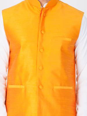 Men White Cotton Kurta Modi Jacket And Pyjama Set 2