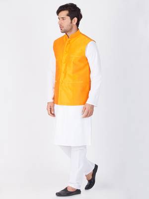 Men White Cotton Kurta Modi Jacket And Pyjama Set 3