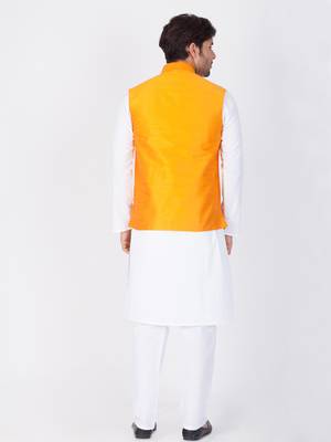Men White Cotton Kurta Modi Jacket And Pyjama Set 4