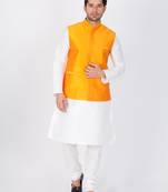 Men White Cotton Silk Kurta Modi Jacket And Pyjama Set