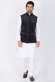 Men White Cotton Kurta Modi Jacket And Pyjama Set