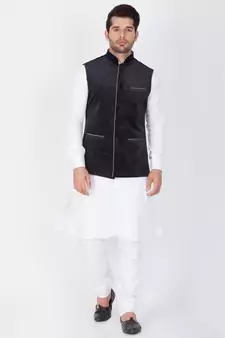 Men White Cotton Kurta Modi Jacket And Pyjama Set
