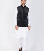 Men White Cotton Kurta Modi Jacket And Pyjama Set