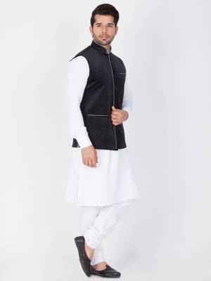 Men White Cotton Kurta Modi Jacket And Pyjama Set 3