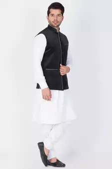Men White Cotton Kurta Modi Jacket And Pyjama Set
