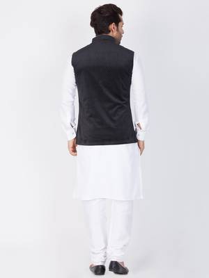 Men White Cotton Kurta Modi Jacket And Pyjama Set 4