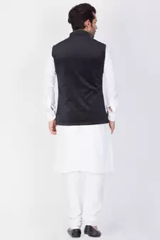 Men White Cotton Kurta Modi Jacket And Pyjama Set