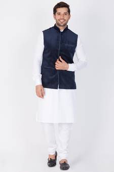 Men White Cotton Kurta Modi Jacket And Pyjama Set