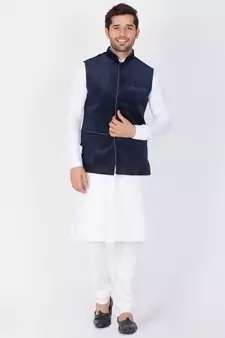 Men White Cotton Kurta Modi Jacket And Pyjama Set