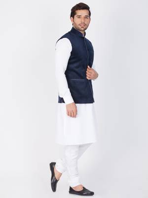 Men White Cotton Kurta Modi Jacket And Pyjama Set 3