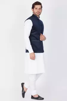 Men White Cotton Kurta Modi Jacket And Pyjama Set