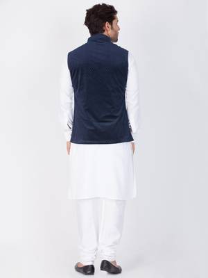Men White Cotton Kurta Modi Jacket And Pyjama Set 4