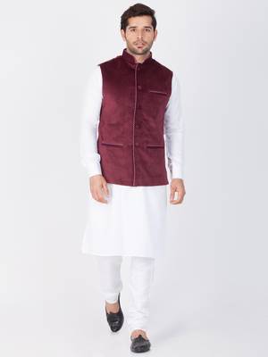 Men White Cotton Kurta Modi Jacket And Pyjama Set 1