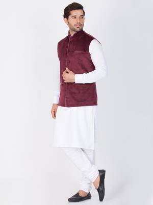 Men White Cotton Kurta Modi Jacket And Pyjama Set 3