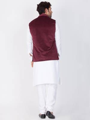 Men White Cotton Kurta Modi Jacket And Pyjama Set 4