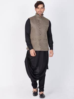 Men Black Cotton Kurta Modi Jacket And Pyjama Set 1