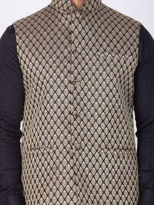 Men Black Cotton Kurta Modi Jacket And Pyjama Set 2