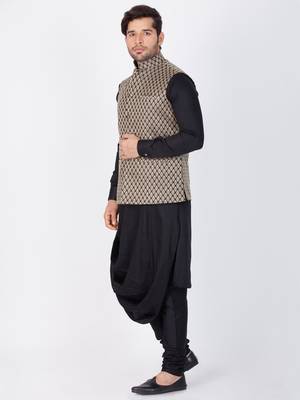 Men Black Cotton Kurta Modi Jacket And Pyjama Set 4