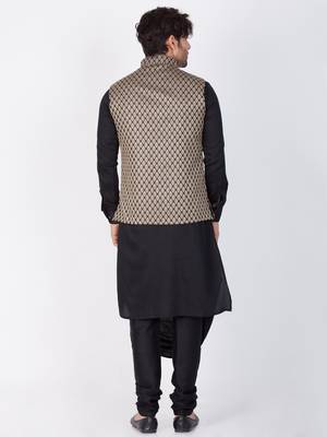 Men Black Cotton Kurta Modi Jacket And Pyjama Set 5