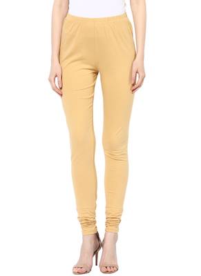 Mytri Women's Beige Cotton Lycra Knitted Solid Slim Fit Leggings 1