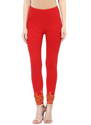 Mytri Women's Red Cotton Lycra Knitted Printed Slim Fit Leggings 1
