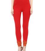 Mytri Women's Red Cotton Lycra Knitted Printed Slim Fit Leggings