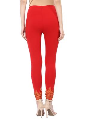 Mytri Women's Red Cotton Lycra Knitted Printed Slim Fit Leggings 2