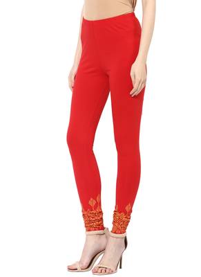Mytri Women's Red Cotton Lycra Knitted Printed Slim Fit Leggings 3