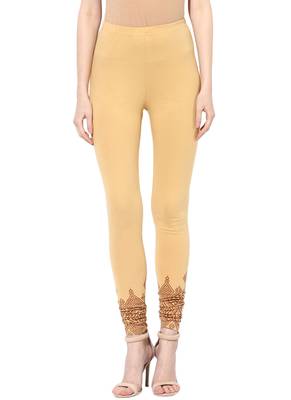 Mytri Women's Beige Cotton Lycra Knitted Printed Slim Fit Leggings 1