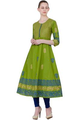 Mehendi Green Cotton Block Prints Long Anarkali kurti 1