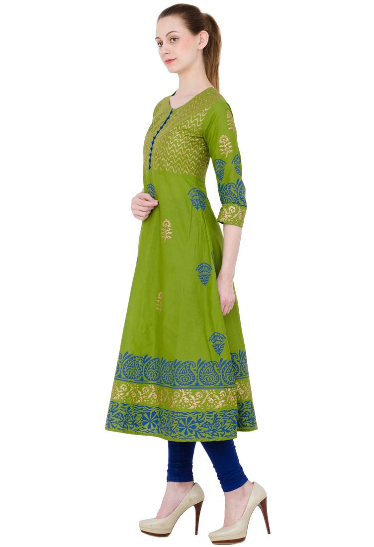 Mehendi Green Cotton Block Prints Long Anarkali kurti