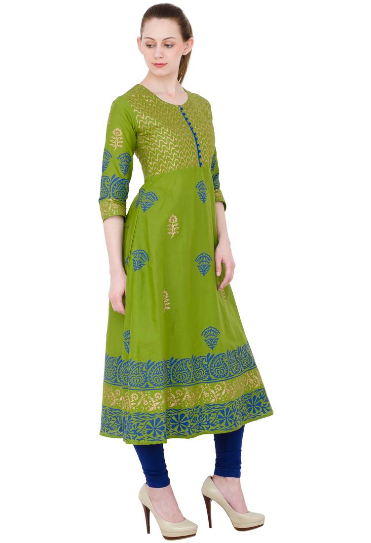 Mehendi Green Cotton Block Prints Long Anarkali kurti