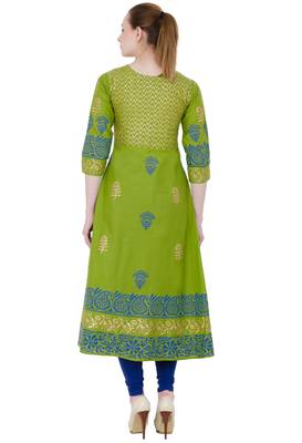 Mehendi Green Cotton Block Prints Long Anarkali kurti 4