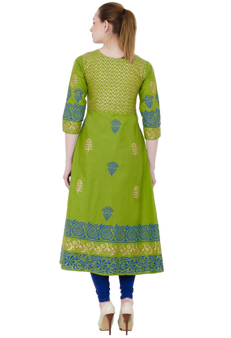 Mehendi Green Cotton Block Prints Long Anarkali kurti
