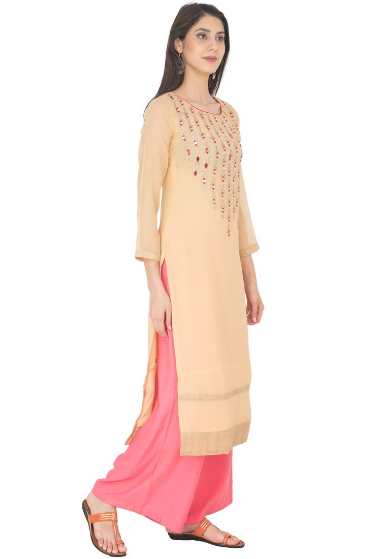 Beige Georgette Embroidery Long Straight kurti