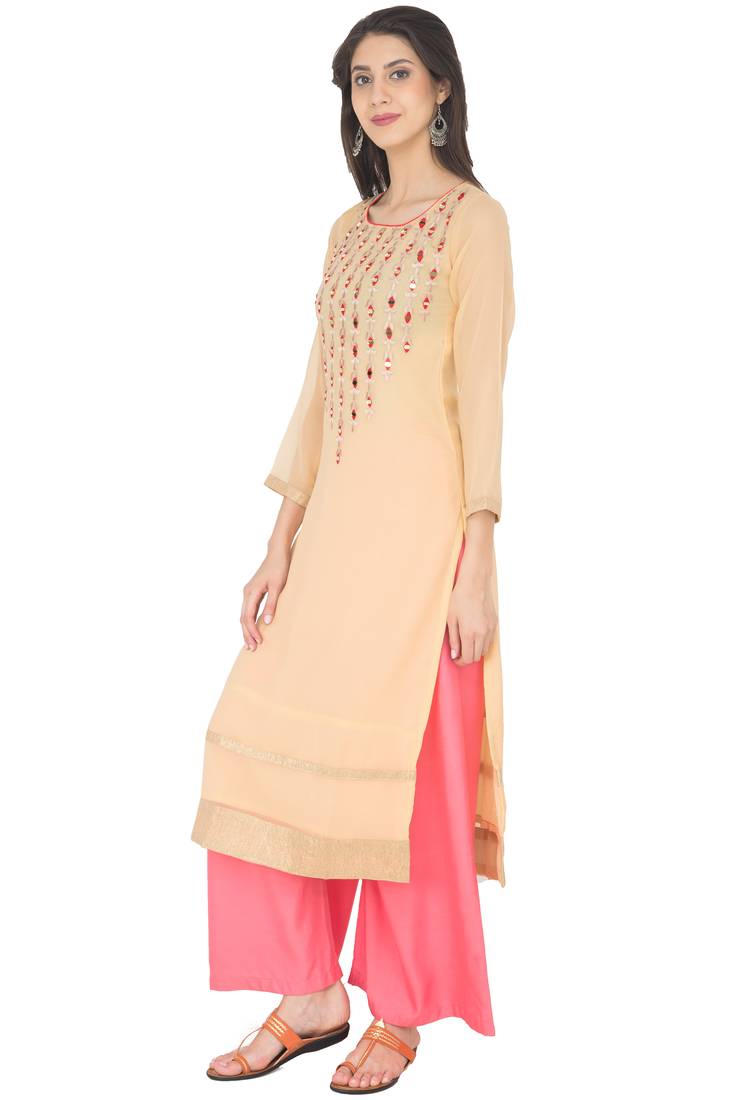 Beige Georgette Embroidery Long Straight kurti