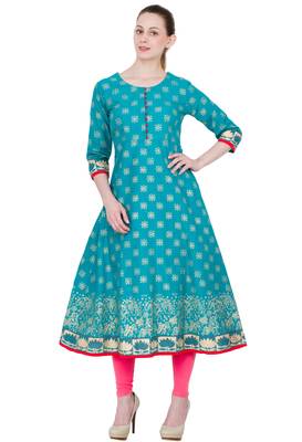 Green Cotton Block Prints Long Anarkali kurti 1