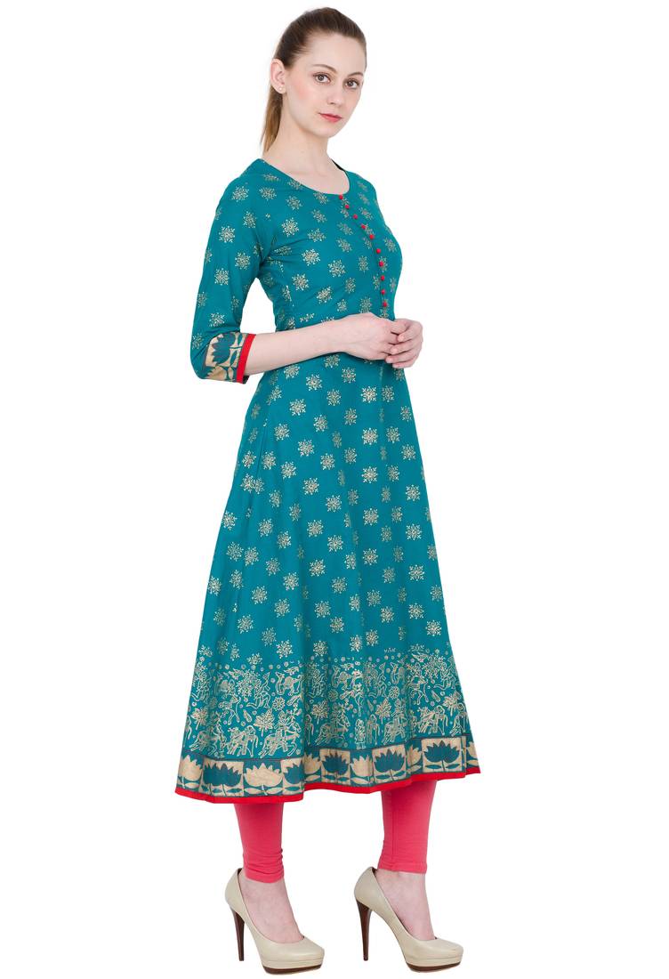Green Cotton Block Prints Long Anarkali kurti