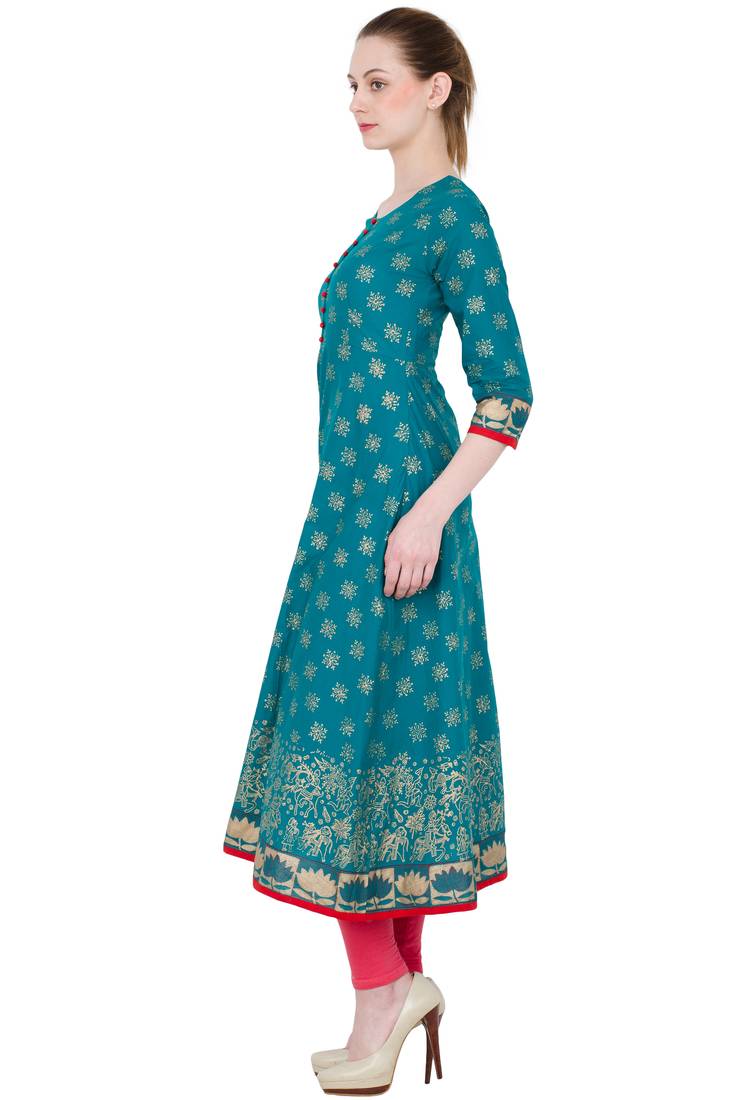 Green Cotton Block Prints Long Anarkali kurti