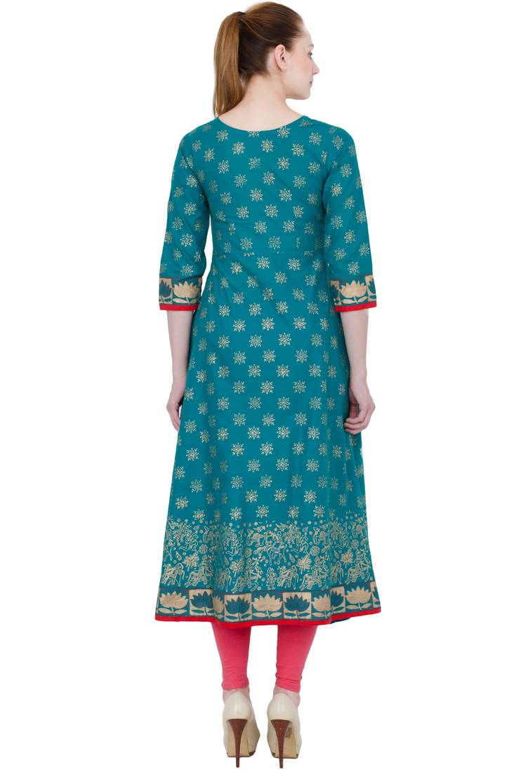 Green Cotton Block Prints Long Anarkali kurti