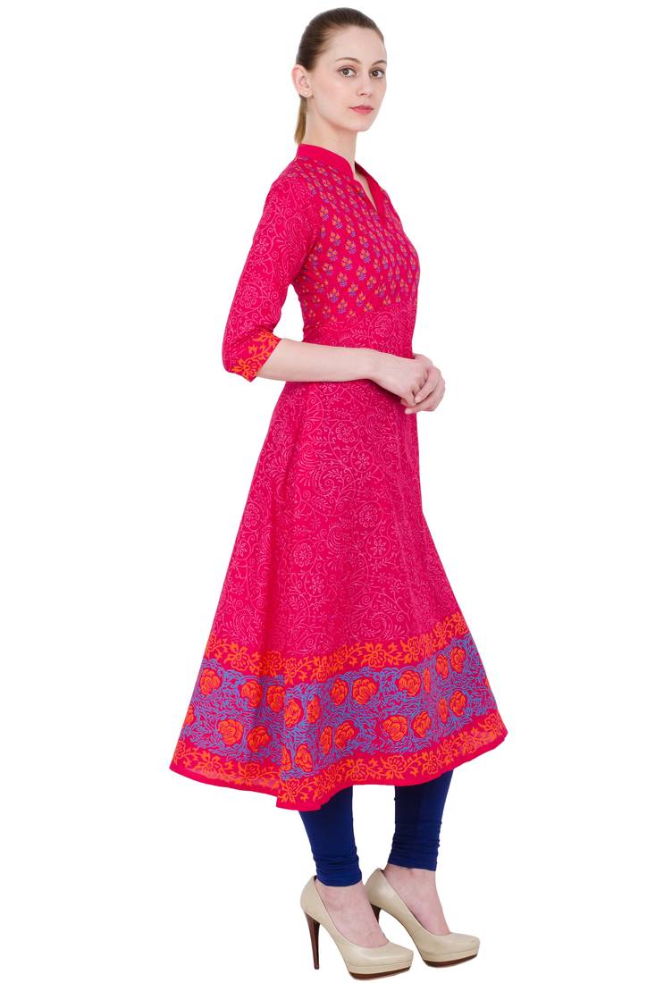 Pink Cotton Block Prints Long Anarkali kurti