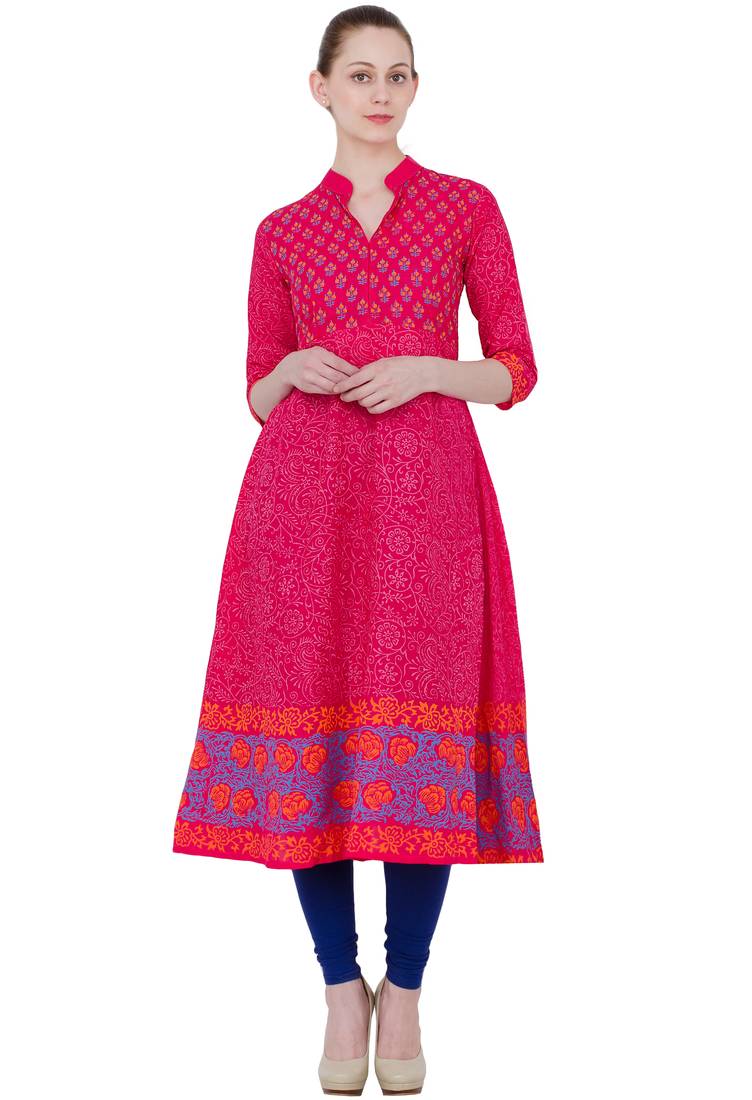 Pink Cotton Block Prints Long Anarkali kurti