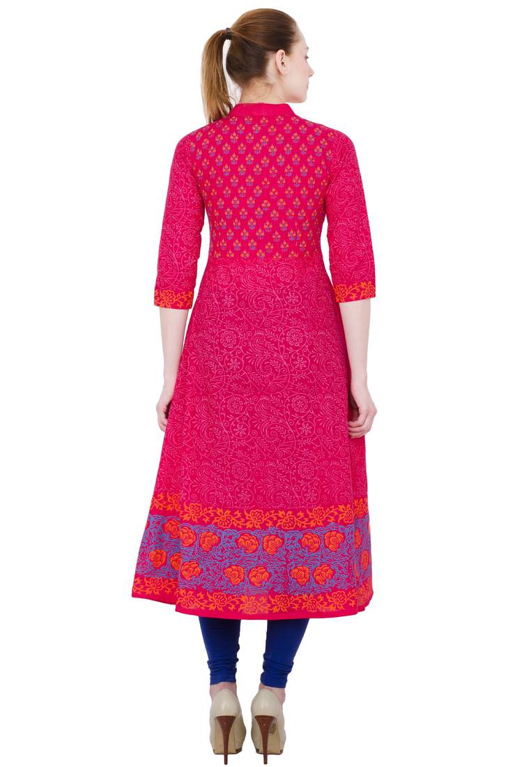 Pink Cotton Block Prints Long Anarkali kurti